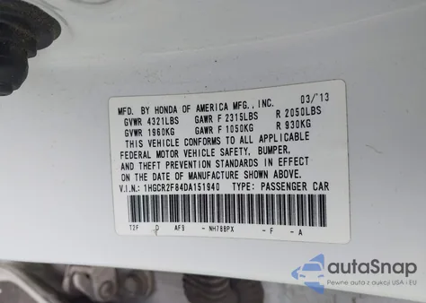 2013 Honda Accord Ex-L z USA, uszkodzony, nr VIN 1HGCR2F84DA151940